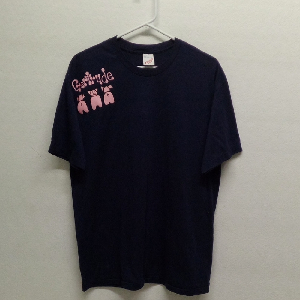 Vintage 1990s Navy Blue Pink Gertrude Pigs Graphic Short Sleeve Shirt